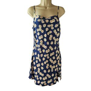 Polly Floral Mini Summer Slip Dress Sz 6 Straps Blue White Poly Side Slit